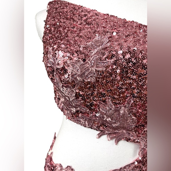 NWT Terani Couture One Shoulder Pink Sequin Cut Out Formal‎ Maxi Gown Glamour - Picture 4 of 13